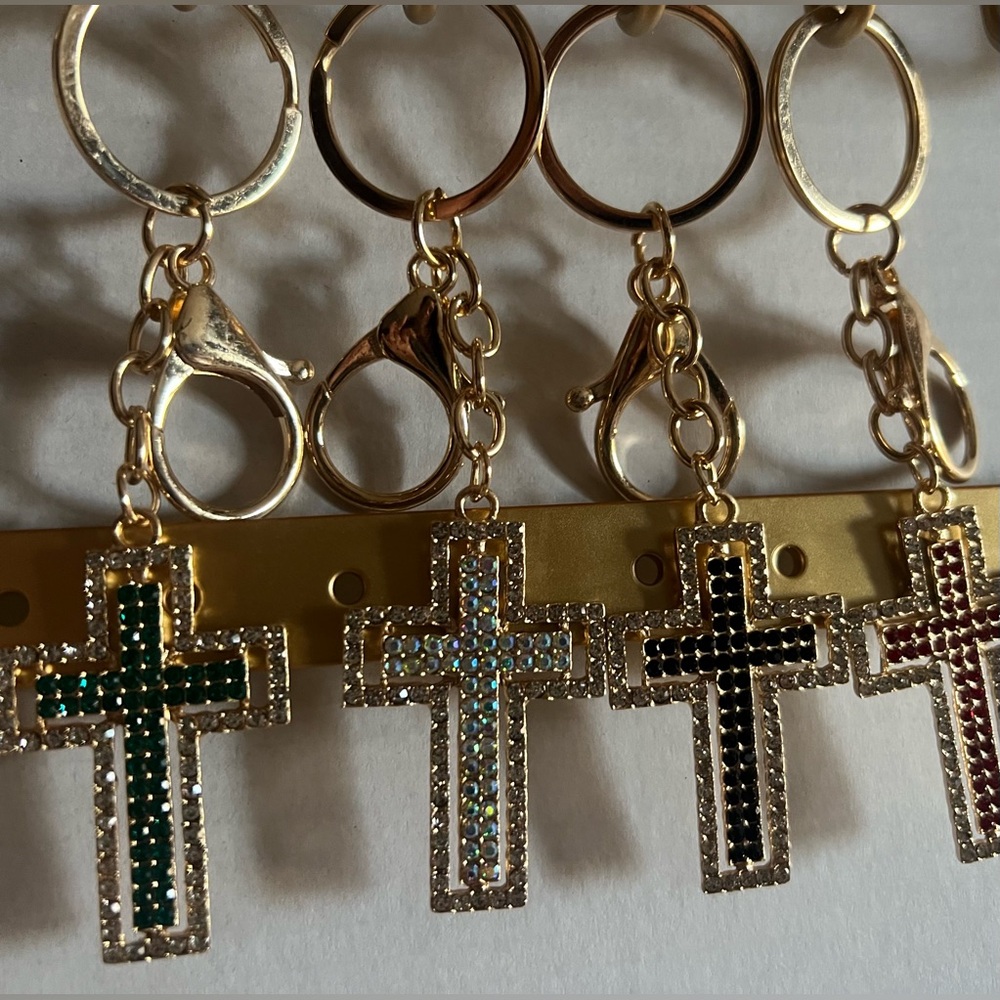 Colorful Rhinestone Cross Keychain - Choose 1 Color - Picture 3 of 7